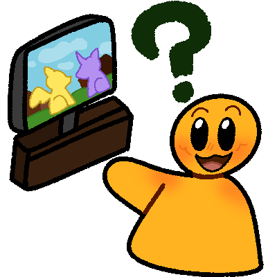  a drawing of a simple yellow person smiling and pointing to a TV with ponys are on with a large dark green question mark above them.